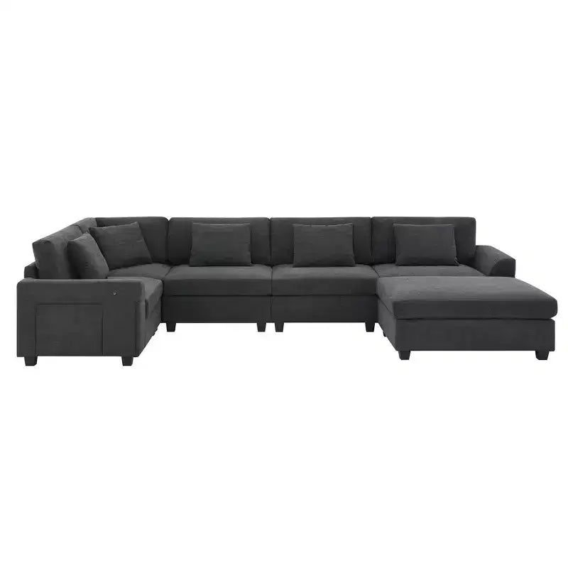 Chenille U-Shaped Sectional Sofa with Oversized Ottoman, Armrest Storage, Cup Holders and USB Charging Ports