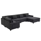 Canapé d'angle en U en chenille avec pouf surdimensionné, rangements dans les accoudoirs, porte-gobelets et ports de chargement USB