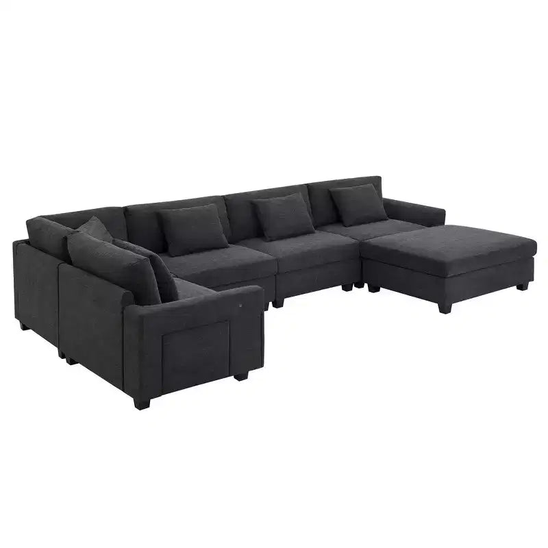 Chenille U-Shaped Sectional Sofa with Oversized Ottoman, Armrest Storage, Cup Holders and USB Charging Ports