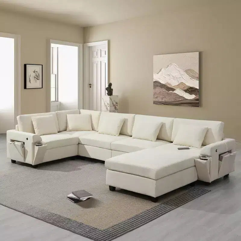Chenille U-Shaped Sectional Sofa with Oversized Ottoman, Armrest Storage, Cup Holders and USB Charging Ports