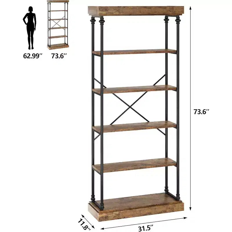 6-Tier Industrial Bookshelf with Metal Frame