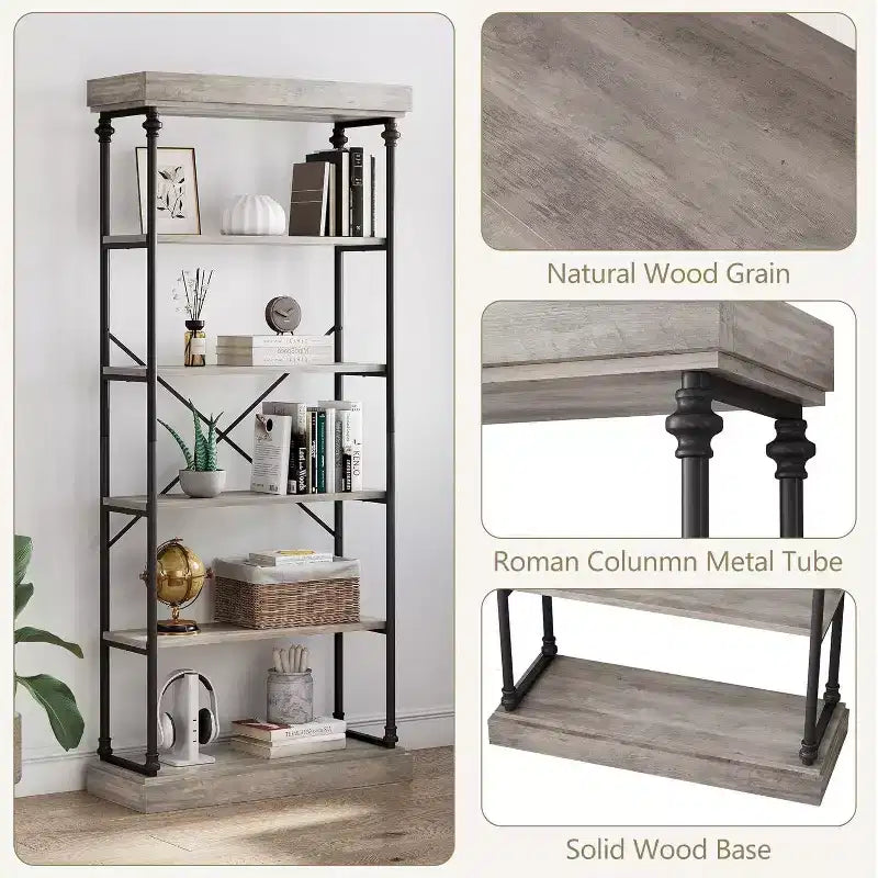 6-Tier Industrial Bookshelf with Metal Frame