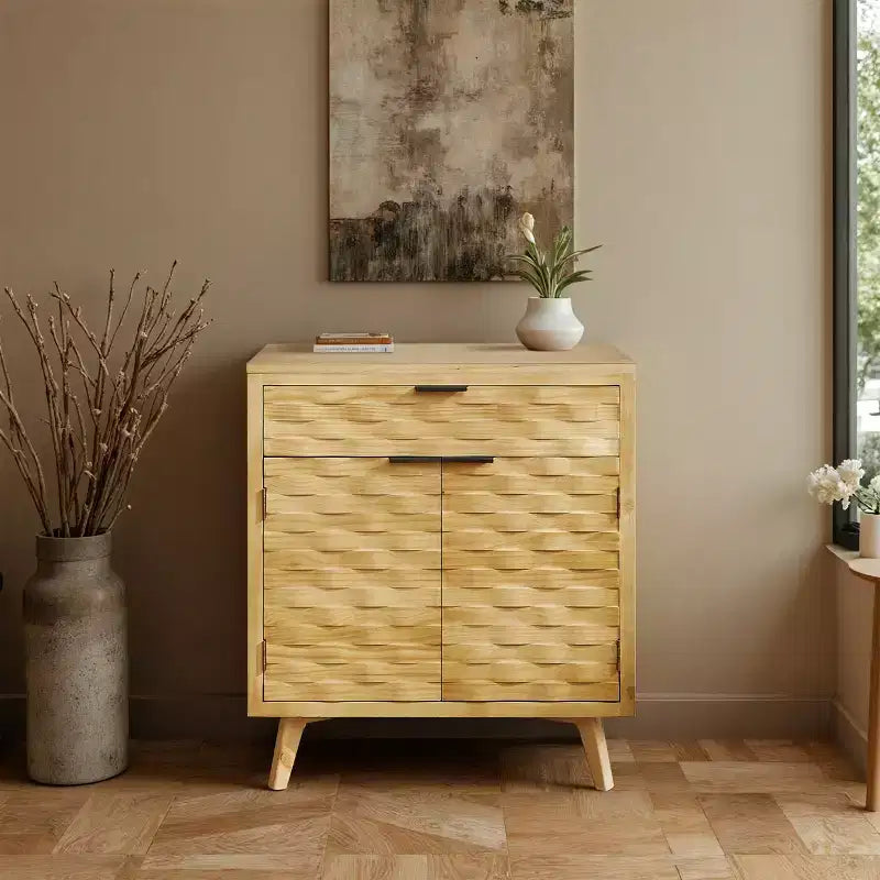 Wooden Cabinet Sideboard with Wavy Carved Facade and Drawer Storage