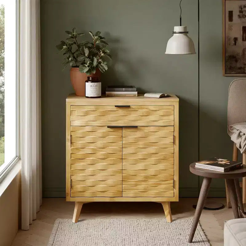 Wooden Cabinet Sideboard with Wavy Carved Facade and Drawer Storage