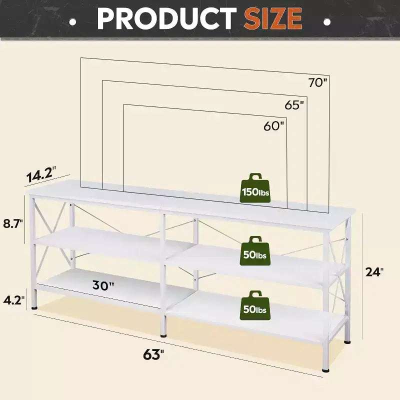 70 Inch TV Stand with 3-Tier Storage Shelves, Fits Up to 63 Inch TVs