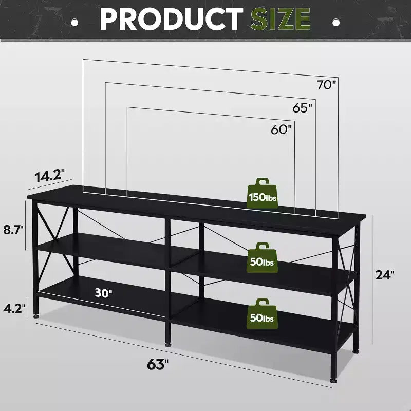 70 Inch TV Stand with 3-Tier Storage Shelves, Fits Up to 63 Inch TVs