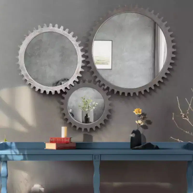 Vintage 17-inch X 17-inch Wooden Round Wall-mounted Gear-shaped Decorative Mirror With A Collage Effect