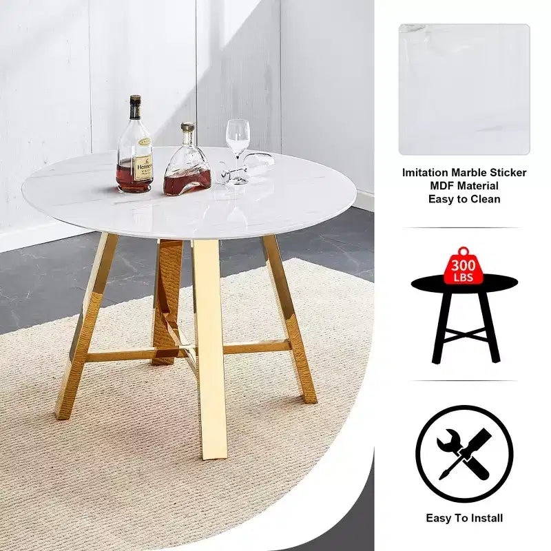 Round Coffee Table with Metal Legs, 42" W - Black/Gold Frame, MDF Top