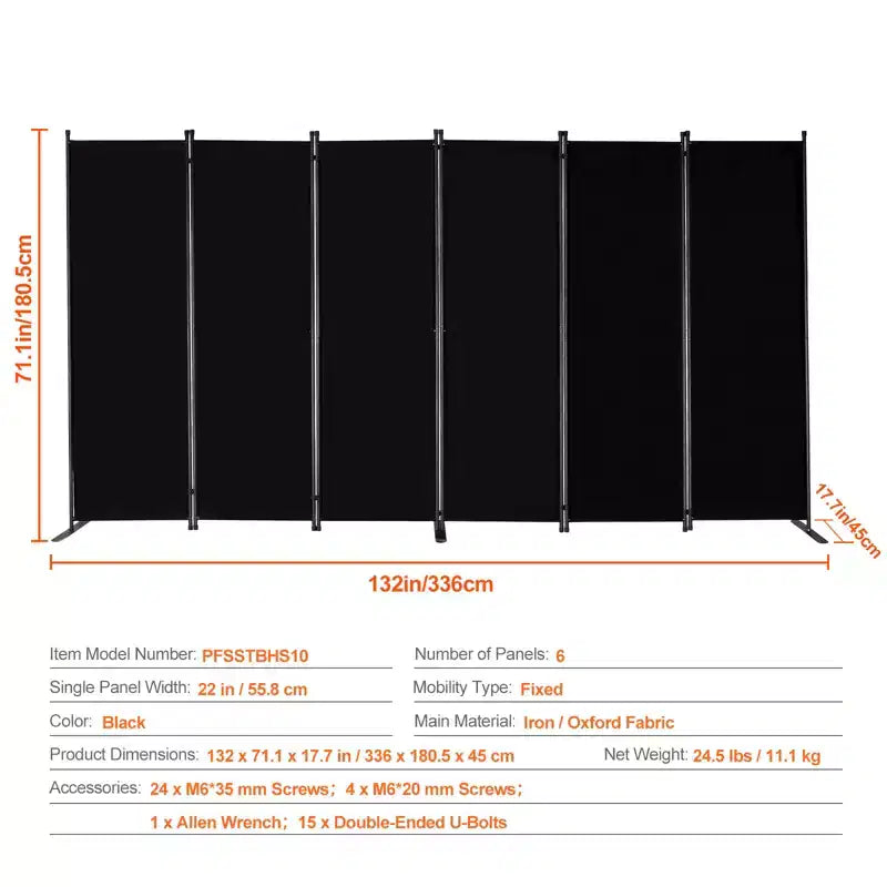 6-Panel Folding Room Divider with Oxford Fabric and Iron Frame
