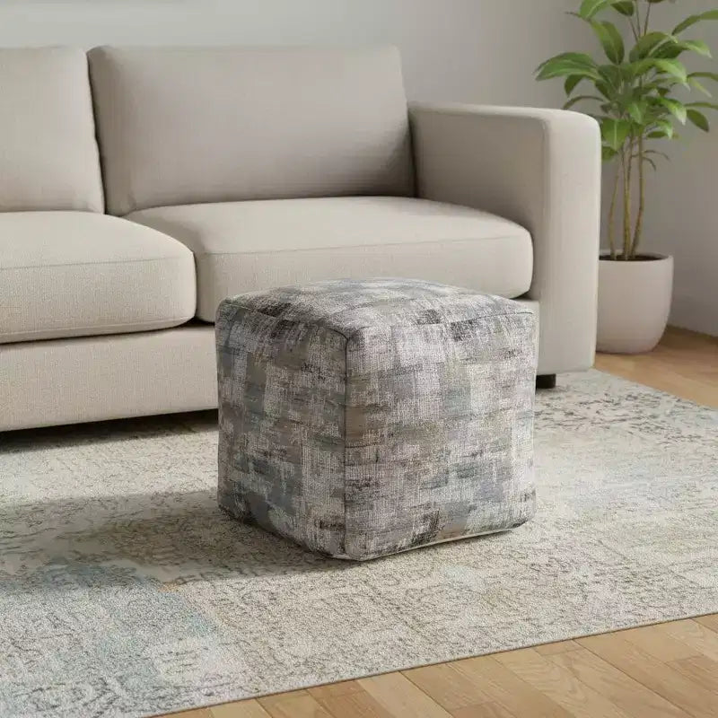 18" Blue Cotton Abstract Pouf Ottoman