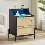 Table de chevet en bois (lot de 2) avec tiroir en rotin et station de charge