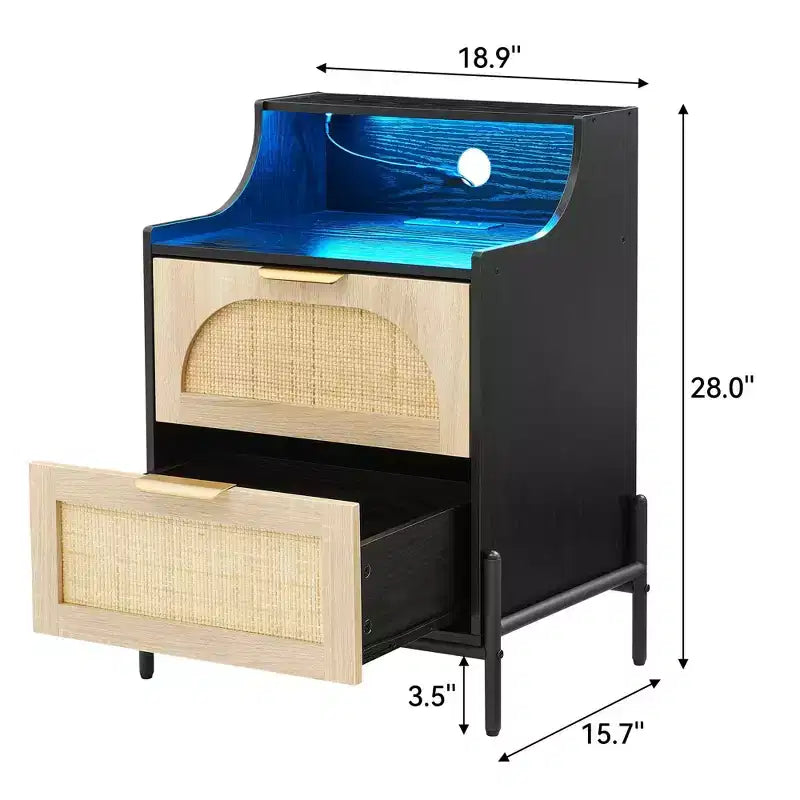Wooden Nightstand Set of 2 with Rattan Drawer and Charging Station