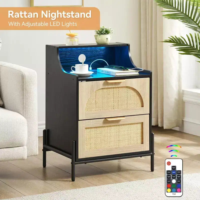 Wooden Nightstand Set of 2 with Rattan Drawer and Charging Station