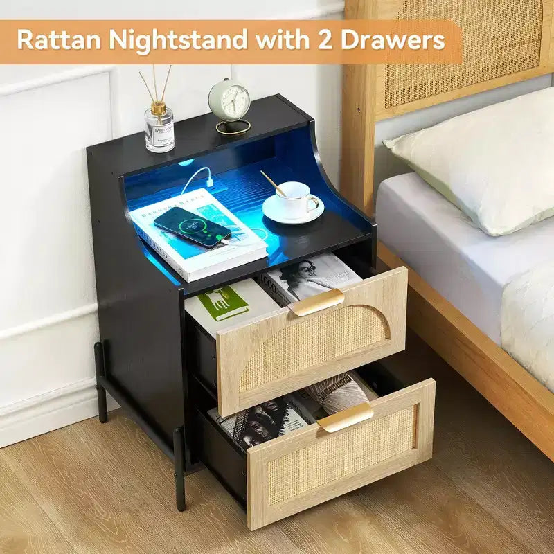 Wooden Nightstand Set of 2 with Rattan Drawer and Charging Station