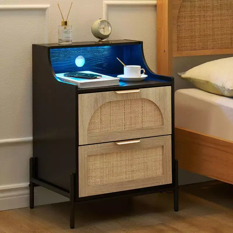 Wooden Nightstand Set of 2 with Rattan Drawer and Charging Station