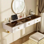 Étagère flottante murale de 47 po avec tiroir, coiffeuse pour chambre et salle de bain, blanc et or
