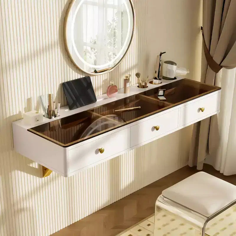 47" Wall-Mounted Floating Shelf with Drawer, Vanity Desk for Bedroom and Bathroom, White and Gold
