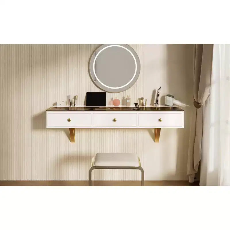 47" Wall-Mounted Floating Shelf with Drawer, Vanity Desk for Bedroom and Bathroom, White and Gold