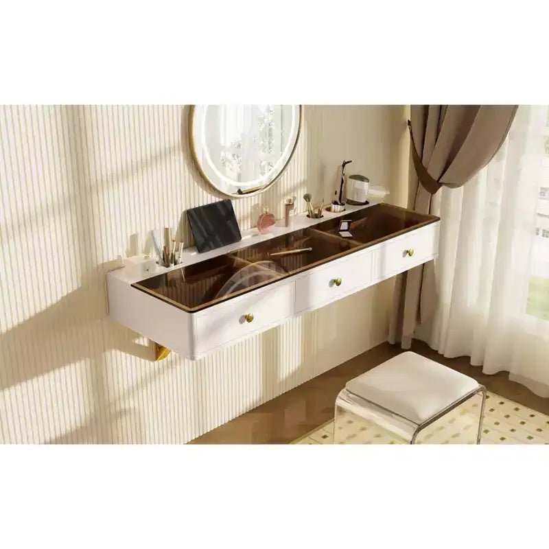 47" Wall-Mounted Floating Shelf with Drawer, Vanity Desk for Bedroom and Bathroom, White and Gold