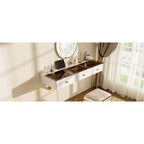 Étagère flottante murale de 47 po avec tiroir, coiffeuse pour chambre et salle de bain, blanc et or