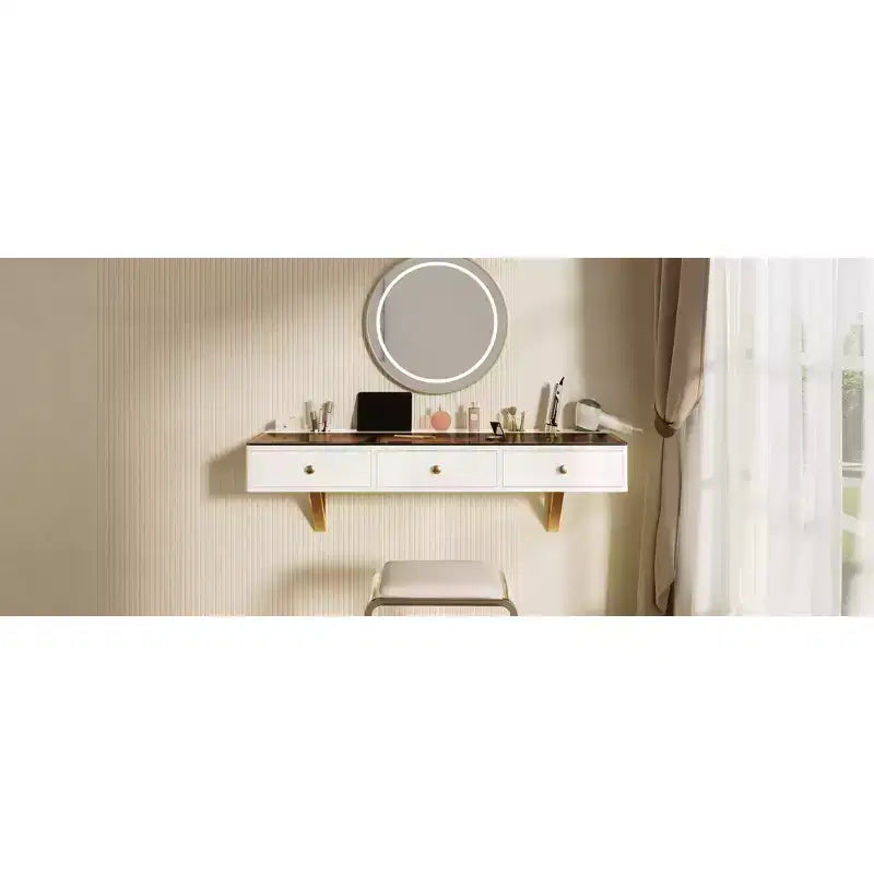 47" Wall-Mounted Floating Shelf with Drawer, Vanity Desk for Bedroom and Bathroom, White and Gold