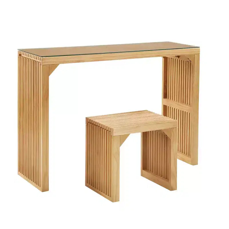 Farmhouse Pine Dining Table and Bench Set with Tempered Glass Top