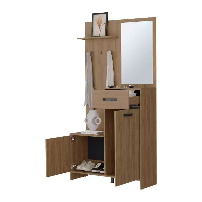 Modern Hall Tree with 3 Hooks and Mirror – Freestanding Coat Rack with Storage, Light Oak