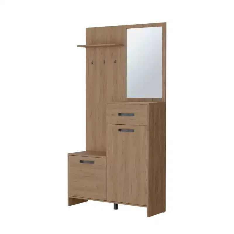 Modern Hall Tree with 3 Hooks and Mirror – Freestanding Coat Rack with Storage, Light Oak