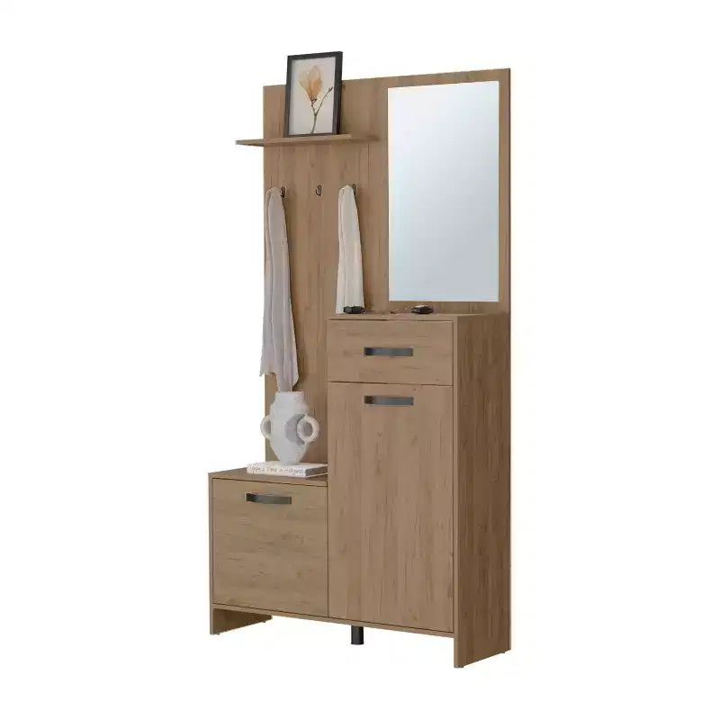 Modern Hall Tree with 3 Hooks and Mirror – Freestanding Coat Rack with Storage, Light Oak