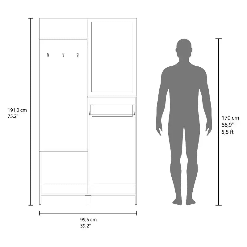 Modern Hall Tree with 3 Hooks and Mirror – Freestanding Coat Rack with Storage, Light Oak