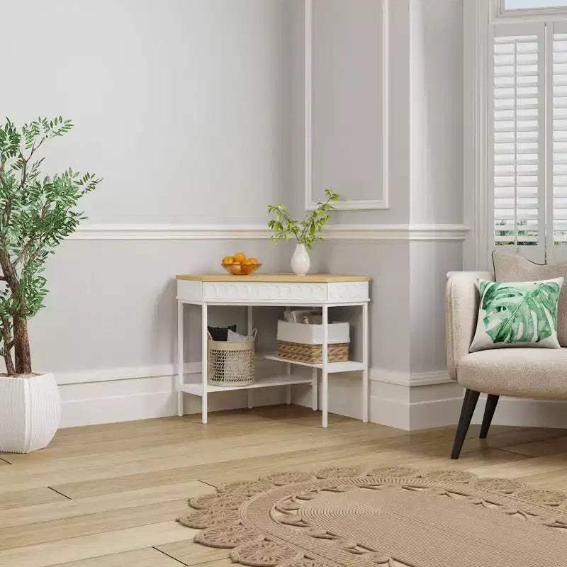 White & Oak Rotating Corner Side Table with Curved Drawer and Open Shelves