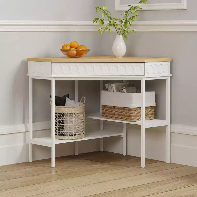 White & Oak Rotating Corner Side Table with Curved Drawer and Open Shelves
