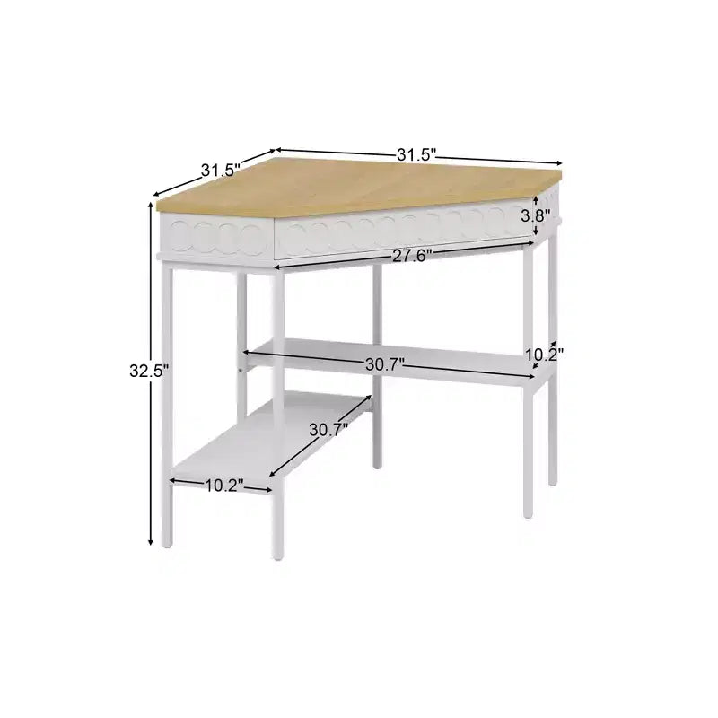 White & Oak Rotating Corner Side Table with Curved Drawer and Open Shelves