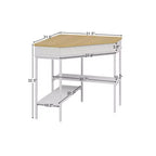 White & Oak Rotating Corner Side Table with Curved Drawer and Open Shelves