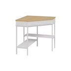White & Oak Rotating Corner Side Table with Curved Drawer and Open Shelves