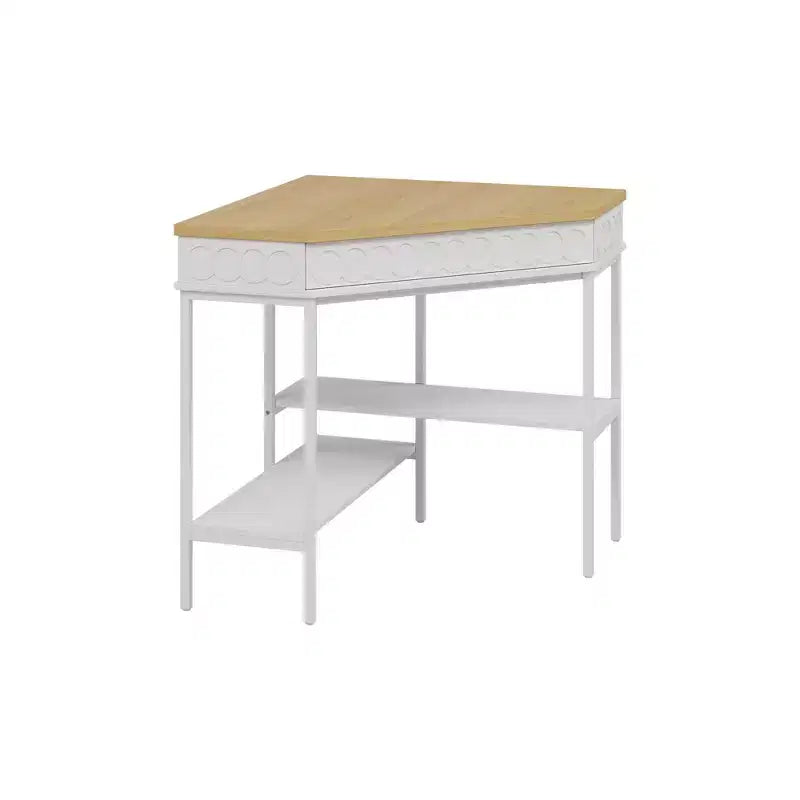 White & Oak Rotating Corner Side Table with Curved Drawer and Open Shelves