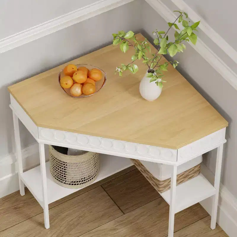 White & Oak Rotating Corner Side Table with Curved Drawer and Open Shelves