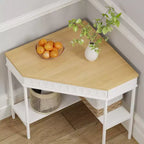 White & Oak Rotating Corner Side Table with Curved Drawer and Open Shelves