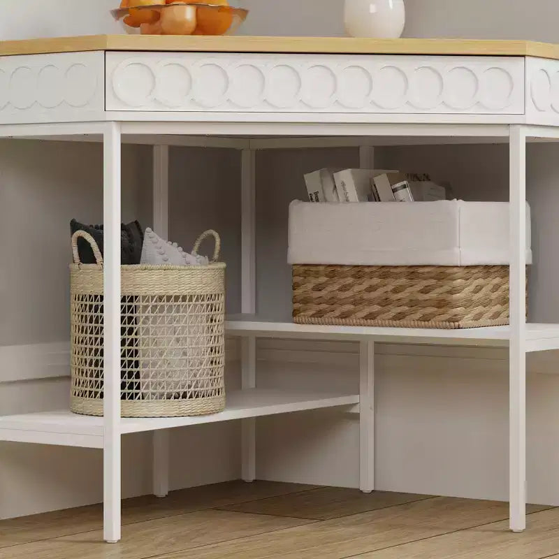 White & Oak Rotating Corner Side Table with Curved Drawer and Open Shelves