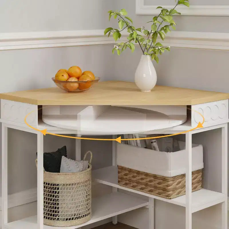 White & Oak Rotating Corner Side Table with Curved Drawer and Open Shelves
