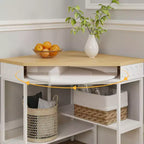 White & Oak Rotating Corner Side Table with Curved Drawer and Open Shelves