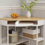 White & Oak Rotating Corner Side Table with Curved Drawer and Open Shelves