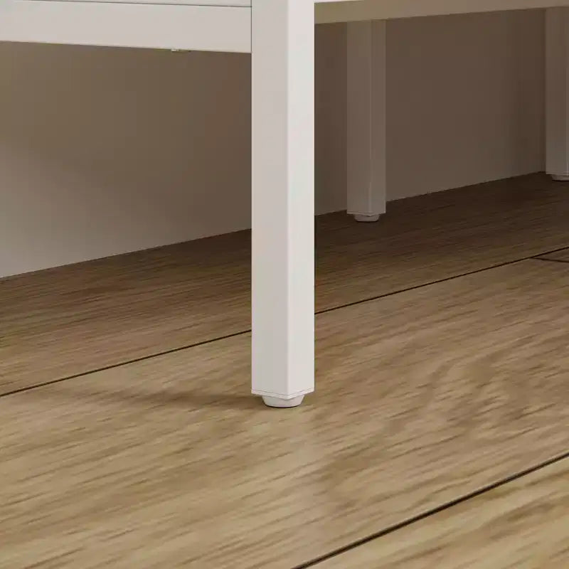 White & Oak Rotating Corner Side Table with Curved Drawer and Open Shelves