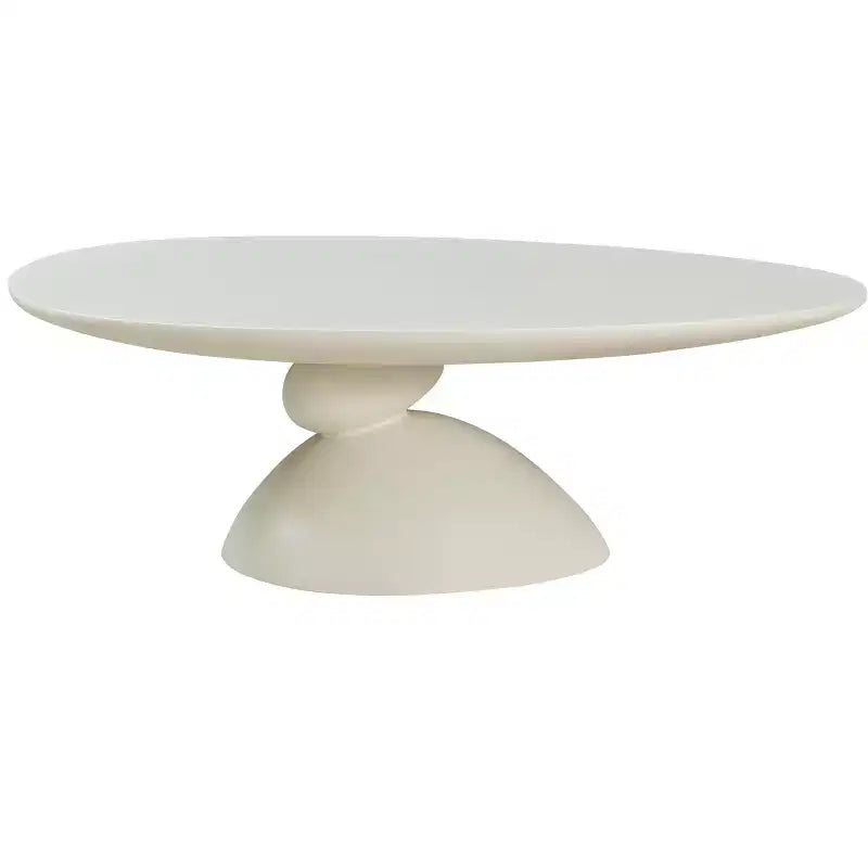 47 Inch Oval Fiberglass Coffee Table with Sculptural Stacked Base, White