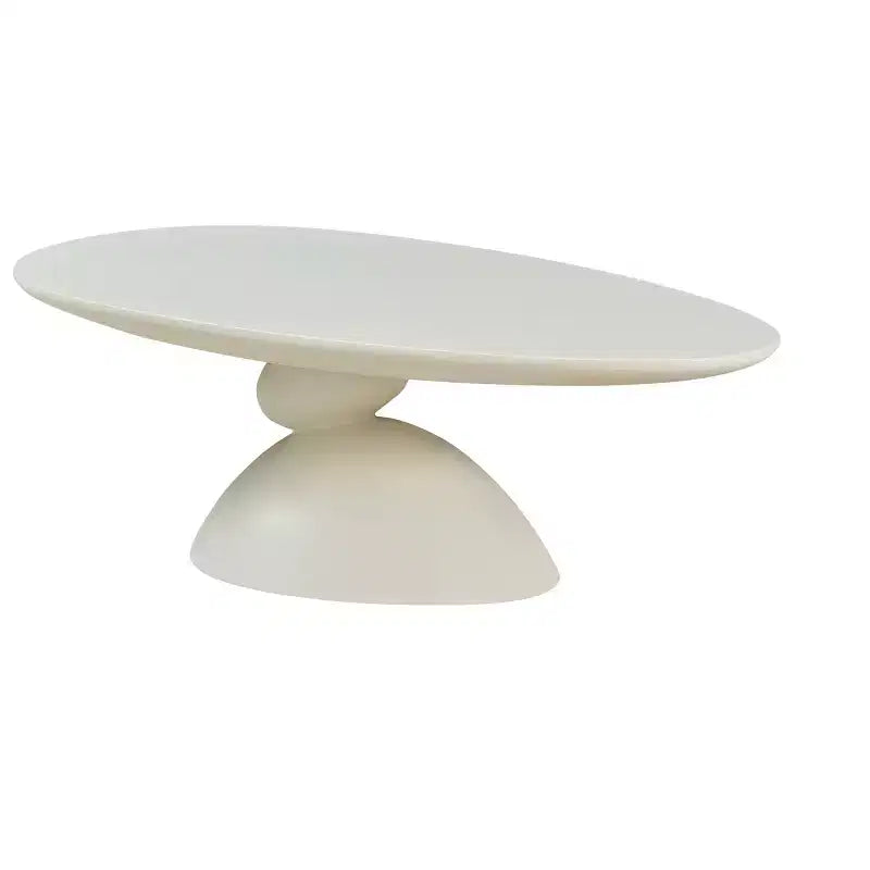 47 Inch Oval Fiberglass Coffee Table with Sculptural Stacked Base, White