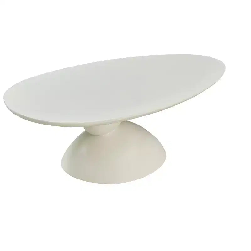 47 Inch Oval Fiberglass Coffee Table with Sculptural Stacked Base, White