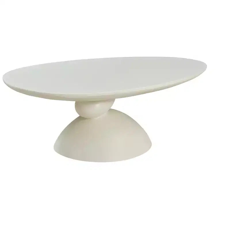 47 Inch Oval Fiberglass Coffee Table with Sculptural Stacked Base, White