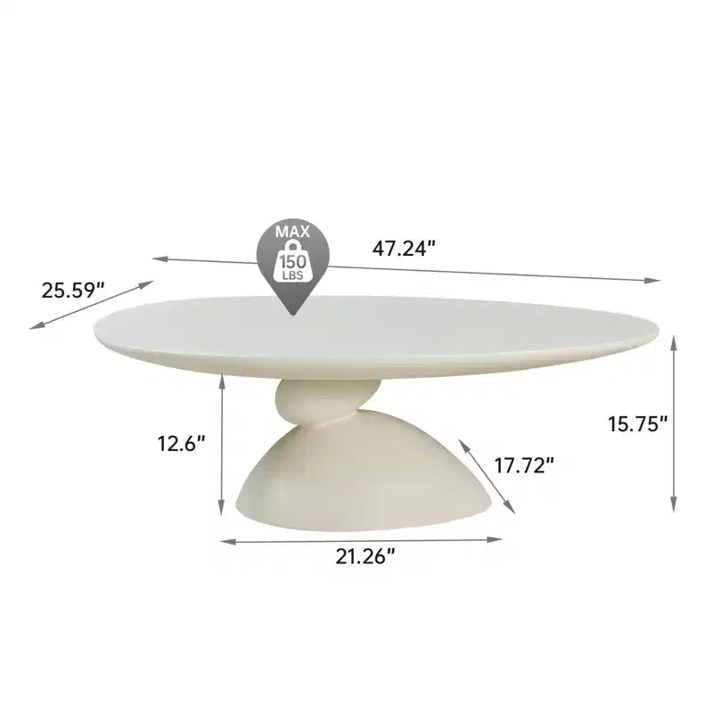 47 Inch Oval Fiberglass Coffee Table with Sculptural Stacked Base, White