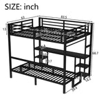 Lit superposé en métal Queen sur Twin XL avec bureau, étagères, lumières LED et ports USB, convertible en canapé, noir