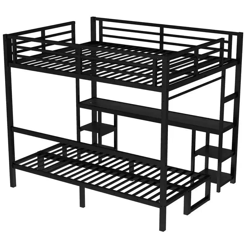 Queen Over Twin XL Metal Bunk Bed with Desk, Shelves, LED Lights and USB Ports, Converts to Sofa, Black